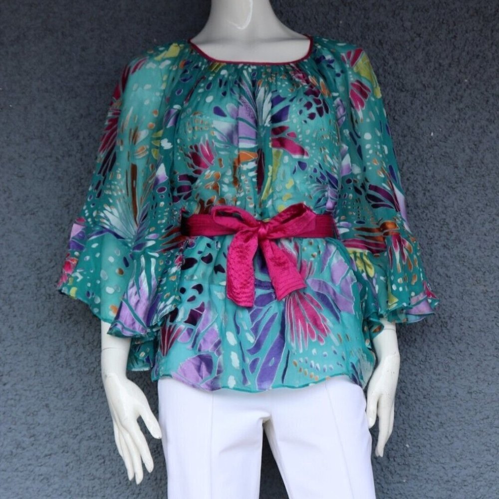 Catherine Malandrino Women's Size 4 Green Pink Blouse Floral Belted Silk Shirt